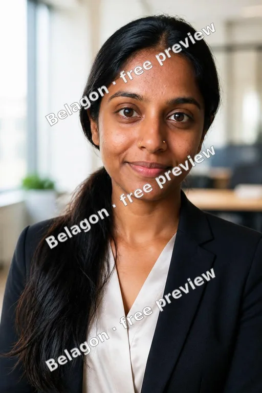 free AI headshot: woman's free AI headshot, modern office, with the free-preview watermark