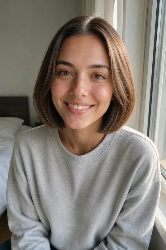 Woman's selfie with a new hairstyle: classic bob