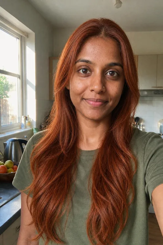 AI hairstyle preview: woman's selfie with a new hair color: copper