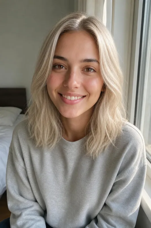 AI hairstyle preview: woman's selfie with a new hair color: platinum blonde
