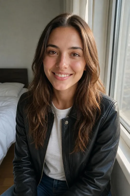 AI outfit try-on: woman's selfie in a new outfit: leather jacket