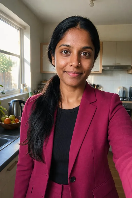 AI outfit try-on: woman's selfie in a new outfit: power suit