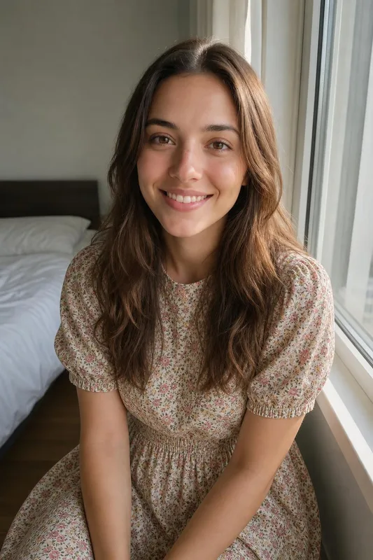 AI outfit try-on: woman's selfie in a new outfit: floral summer dress