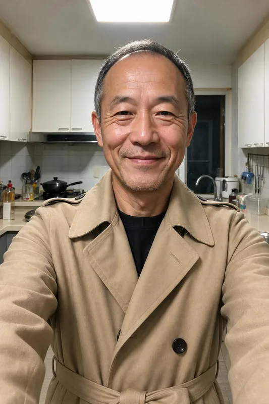 AI outfit try-on: man's selfie in a new outfit: trench coat