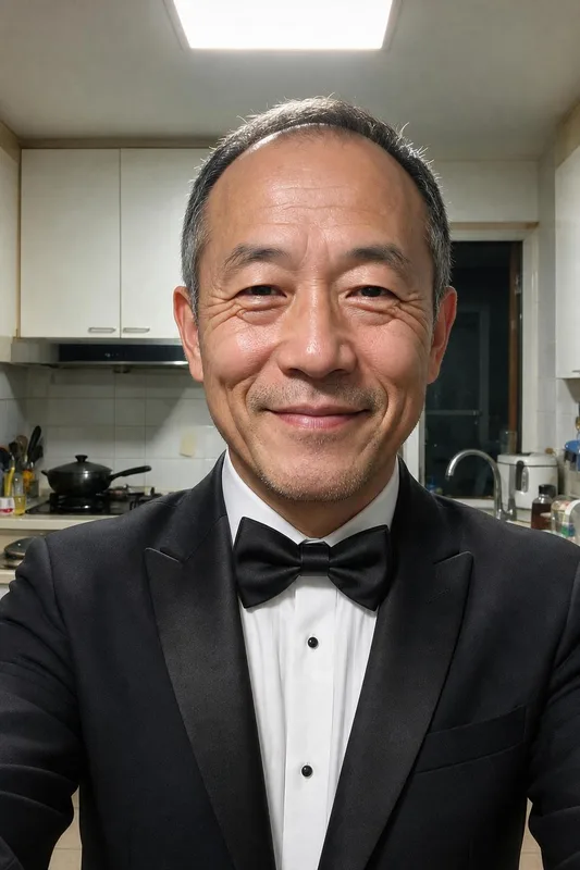 AI outfit try-on: man's selfie in a new outfit: black tuxedo