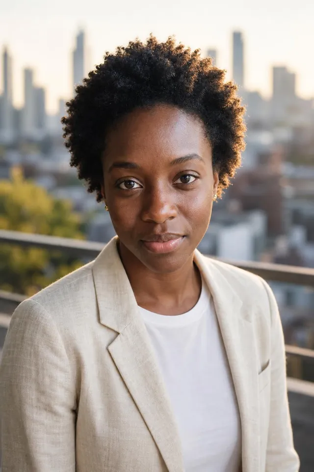 Woman in a cream blazer on a balcony above a city skyline