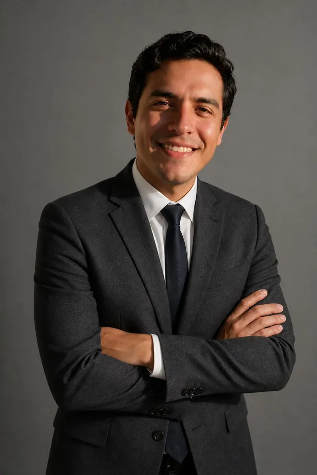 Man in a charcoal suit and tie, arms crossed, on a grey studio backdrop