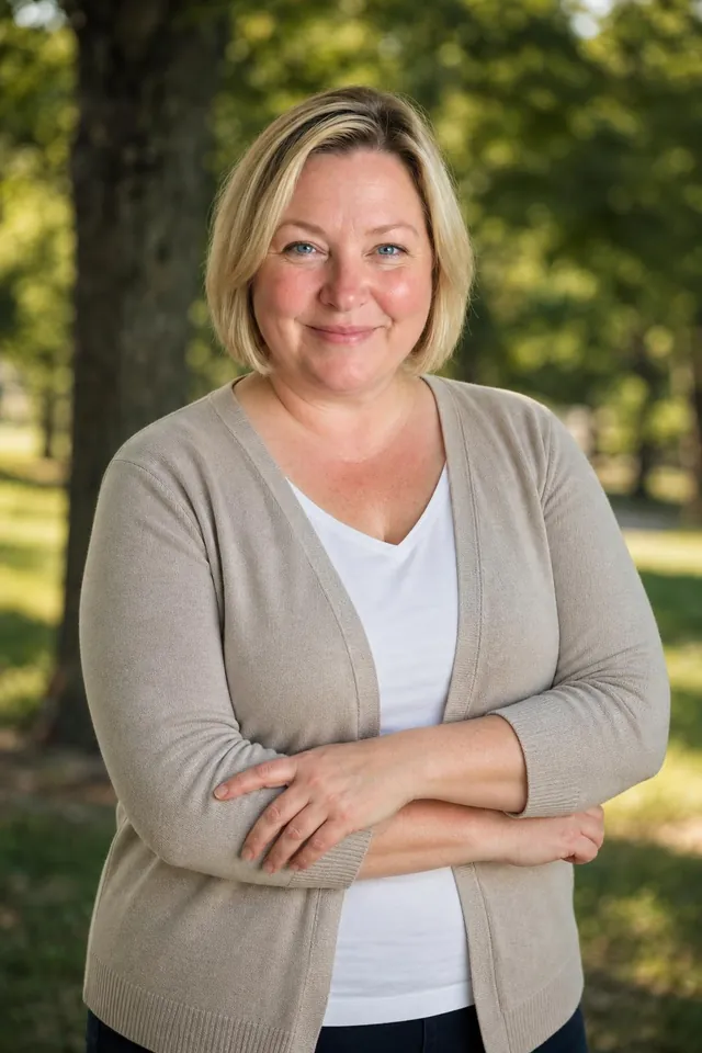 Woman in a grey cardigan, arms crossed, outdoors among trees
