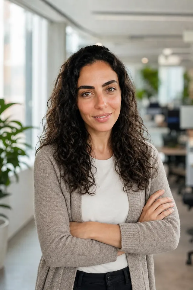 Woman with curly hair in a beige cardigan, arms crossed, in a bright office