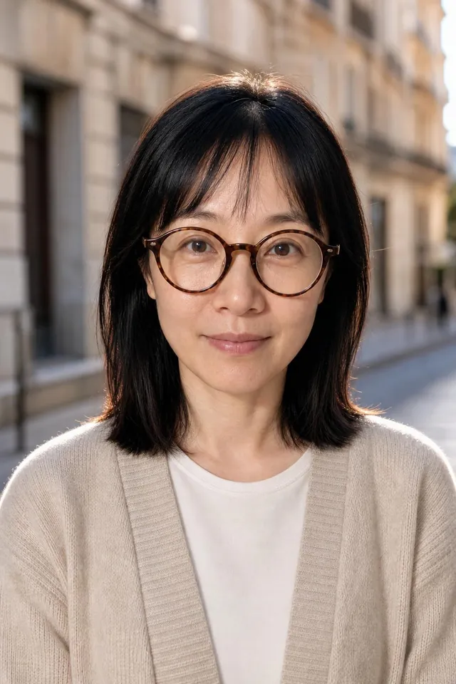 Woman with round glasses in a beige cardigan on a city street