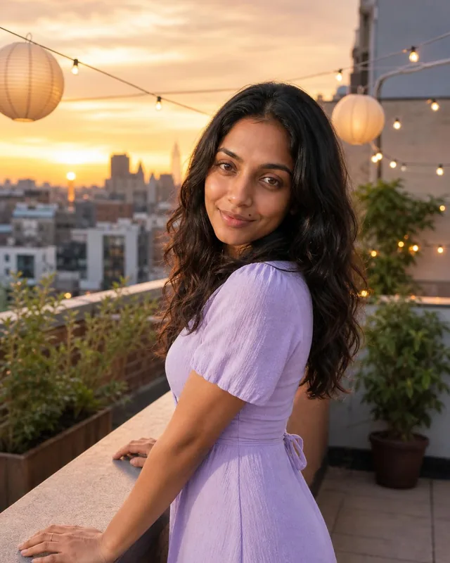 AI birthday photo: woman in a lilac dress on a rooftop with lanterns at sunset