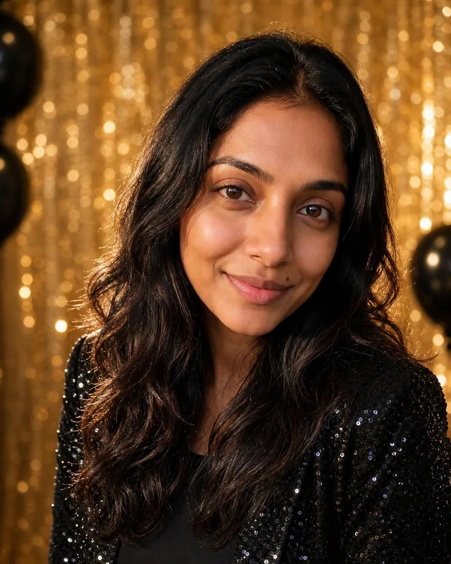 AI birthday photo: woman in a black sequin blazer against a gold sequin backdrop