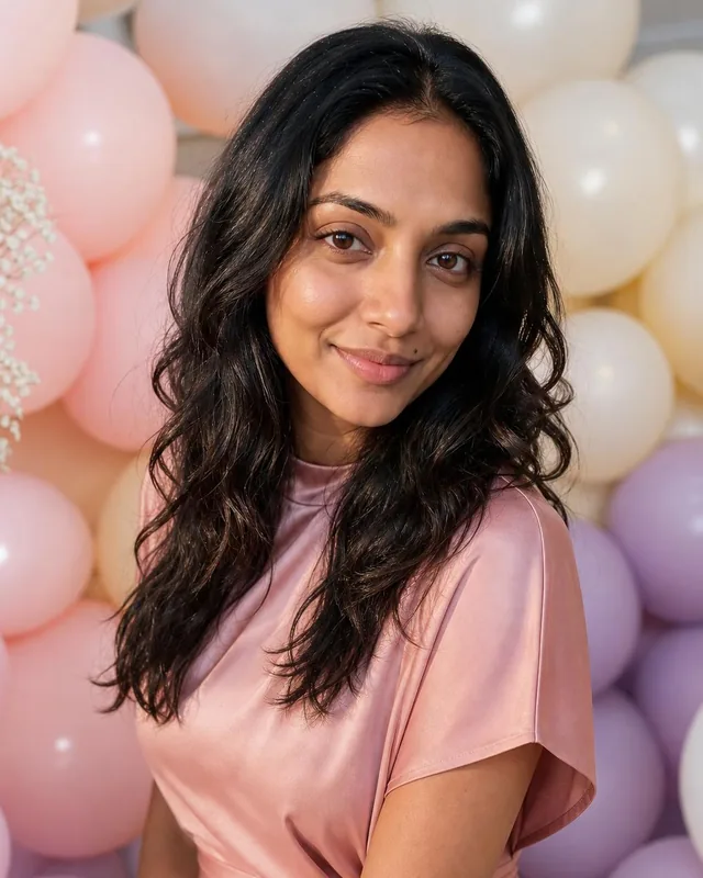 AI birthday photo: woman in a pink satin dress with short sleeves in front of pastel balloons