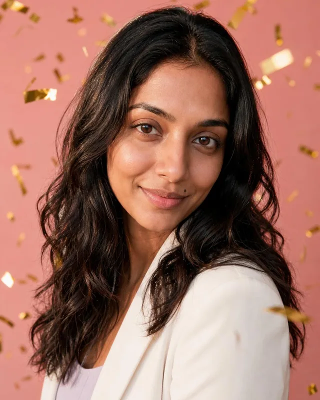 AI birthday photo: woman in a white blazer in falling gold confetti