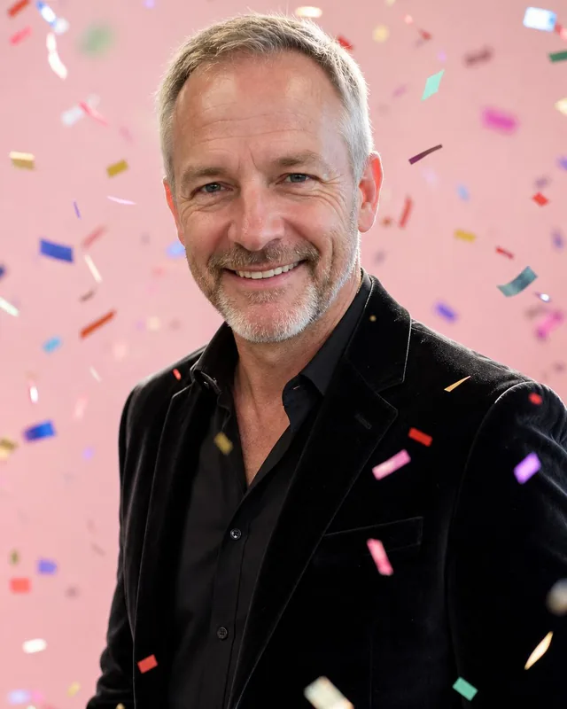 AI birthday photo: man in a black velvet blazer in falling confetti