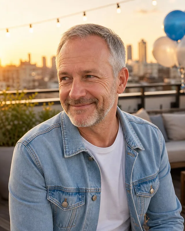 Man in a denim jacket on a rooftop with string lights at sunset