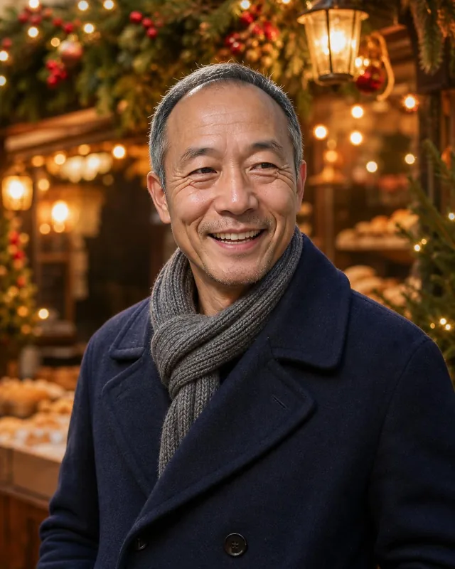 AI Christmas photo: man in a navy peacoat and grey scarf at a Christmas market