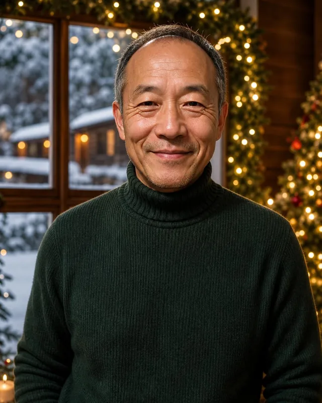 AI Christmas photo: man in a green roll-neck sweater by a snowy window and a lit Christmas tree