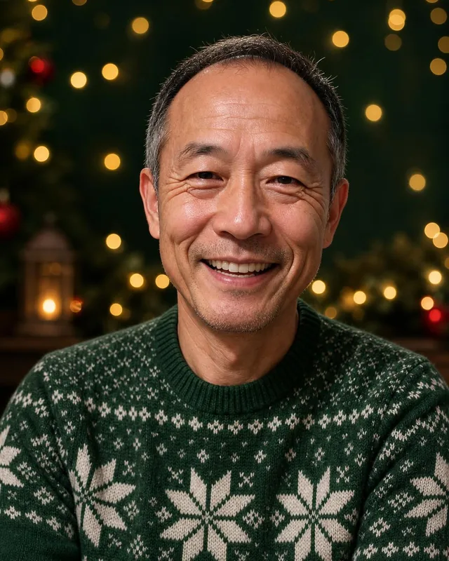AI Christmas photo: man in a green snowflake Christmas sweater against a green backdrop with lights