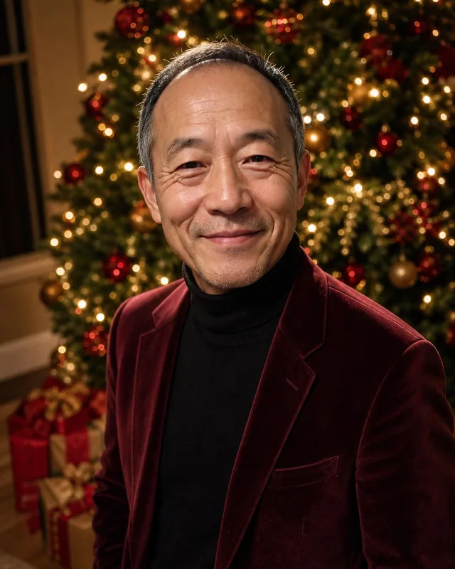 AI photo: man in a burgundy velvet blazer by a decorated Christmas tree
