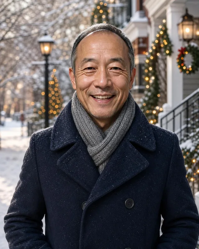 AI Christmas photo: man in a navy peacoat and grey scarf on a snowy street