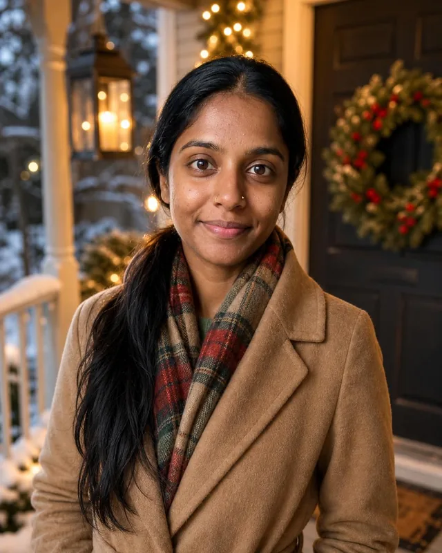 AI Christmas photo: woman in a camel coat and tartan scarf on a snowy porch with a wreath