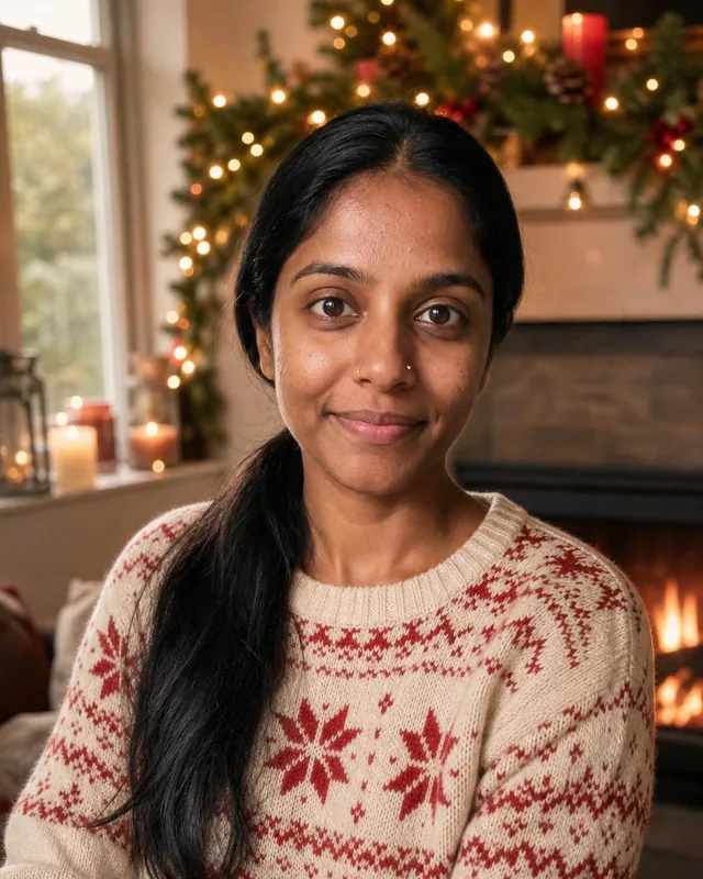 AI photo: woman in a snowflake Christmas sweater by the fireplace