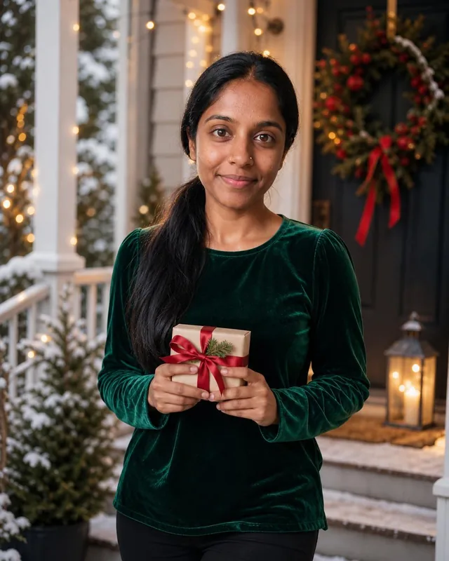 AI photo: woman in a green velvet top holding a wrapped gift on a porch with a wreath