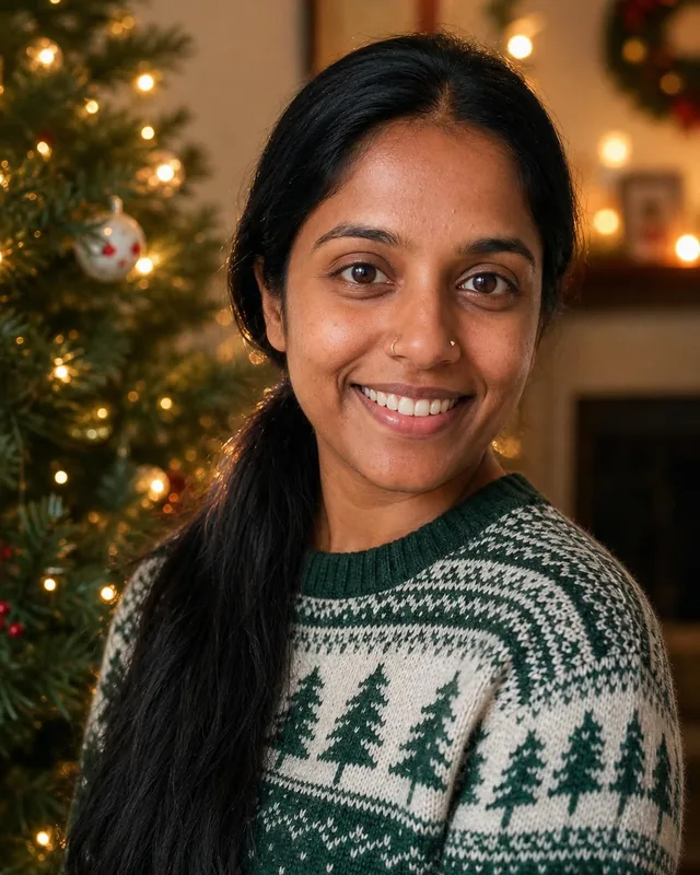 AI Christmas photo: woman in a green Nordic Christmas sweater by a lit Christmas tree