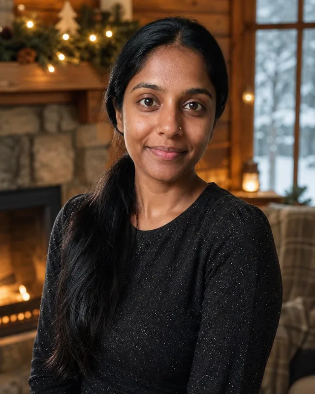 AI Christmas photo: woman in a sparkly black dress by a stone fireplace