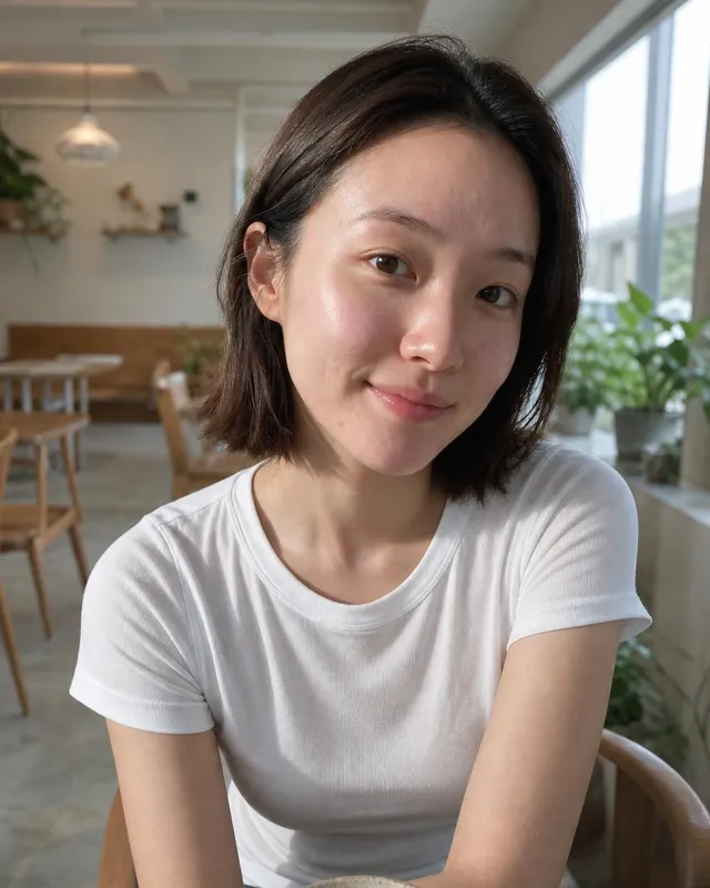 Woman in a white t-shirt smiling at a café table with a cappuccino