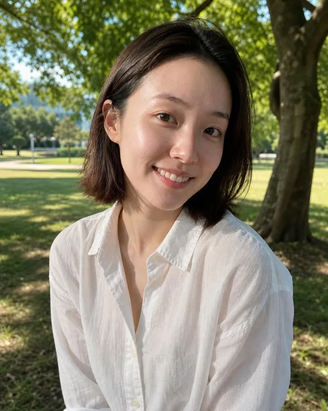 Woman in a white linen shirt smiling under a tree in a sunny park
