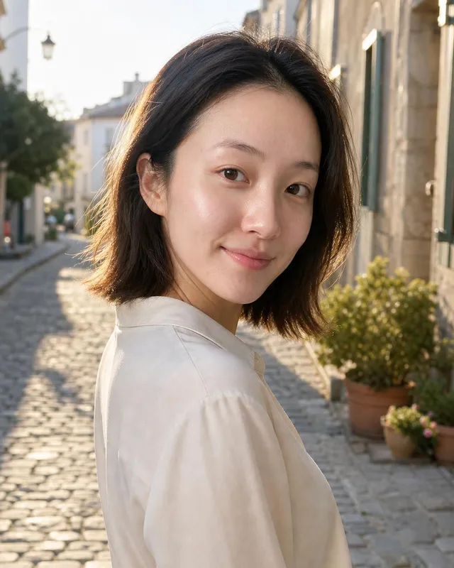 Woman in a cream shirt on a sunny cobbled street, looking back at the camera