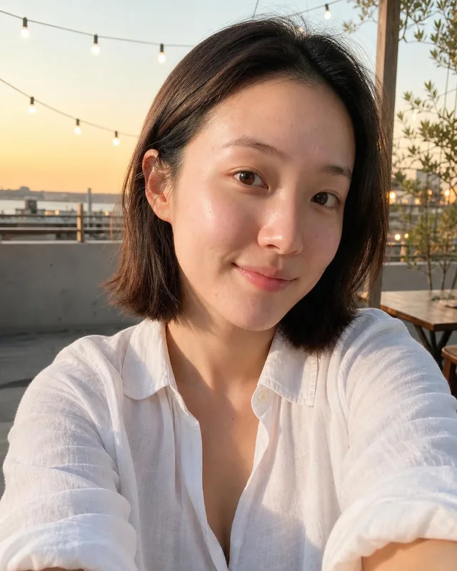 Woman in a white linen shirt on a terrace with string lights at sunset