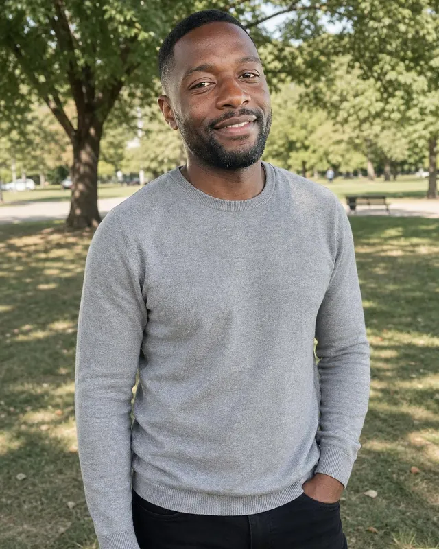 AI dating photo: man in a grey sweater standing in a park, hand in pocket
