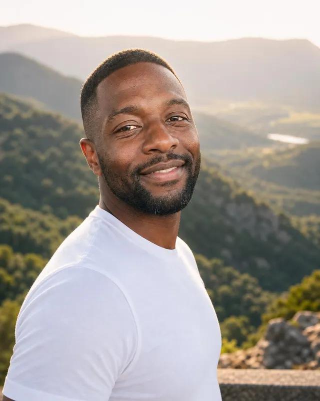 Man in a white t-shirt at a mountain viewpoint