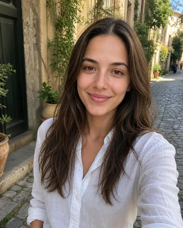 AI dating photo: woman in a white linen shirt on a sunny cobbled street, phone-photo style