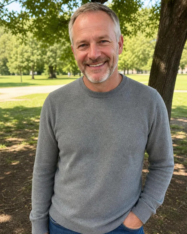 Man in a grey sweater under a tree in a sunny park, hand in pocket