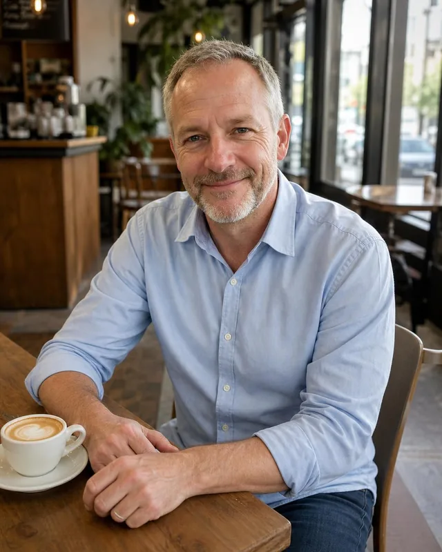 Man in a light blue shirt at a café table with a cappuccino