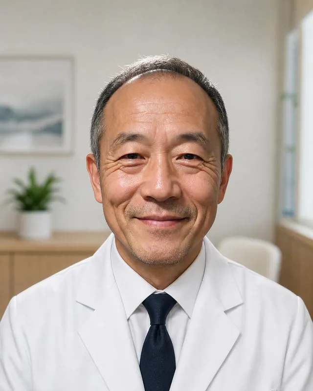 AI professional headshot: man in a white doctor’s coat and navy tie in a bright consultation room
