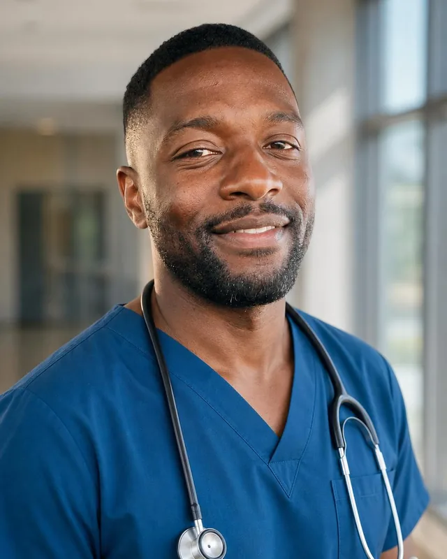 AI doctor headshot: man in blue scrubs with a stethoscope in a bright hospital corridor
