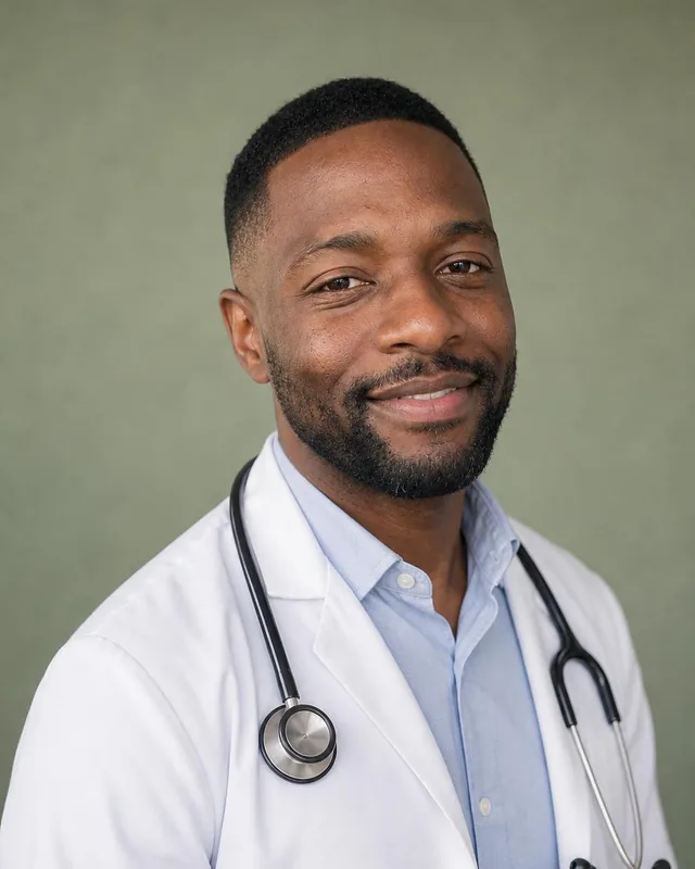 AI doctor headshot: man in a white coat and stethoscope against a sage green backdrop