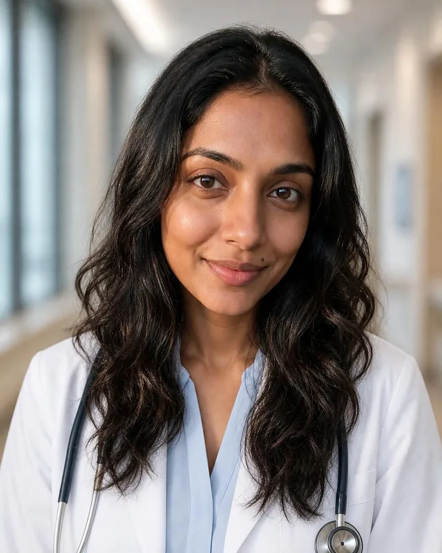 AI professional headshot: woman in a white doctor’s coat with a stethoscope in a hospital corridor