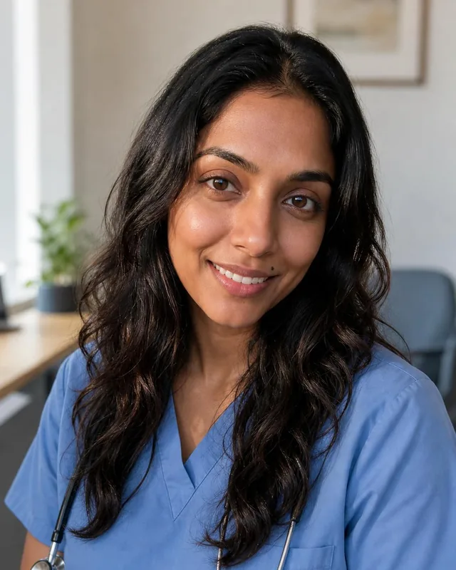 AI photo: woman in ceil blue scrubs with a stethoscope in a consultation room