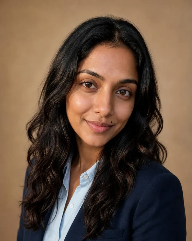 AI professional headshot: woman in a navy blazer and light blue shirt against a beige backdrop