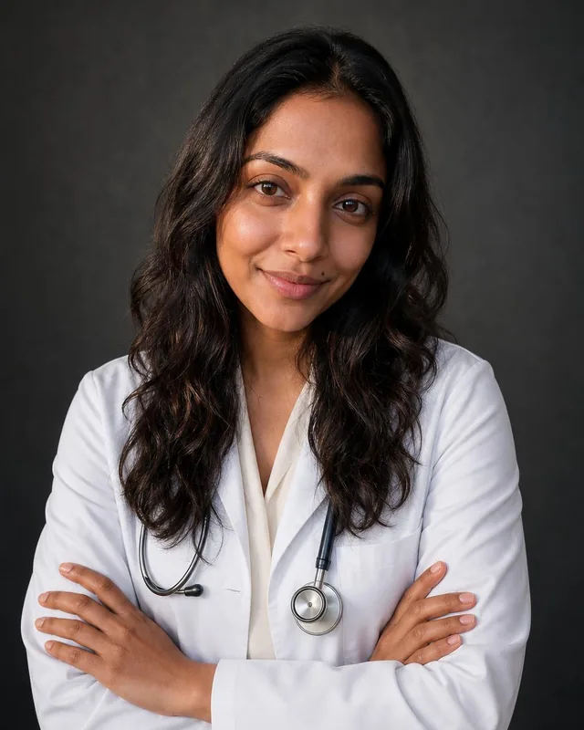 AI doctor headshot: woman in a white coat with a stethoscope, arms crossed, against a dark backdrop