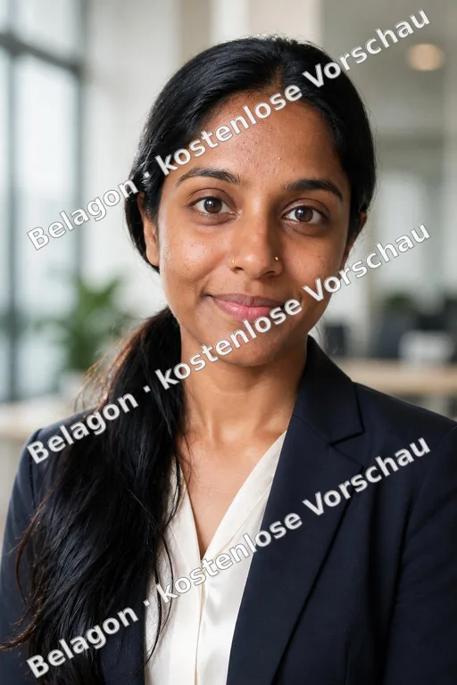 kostenloses KI-Bewerbungsfoto: Frau, Modernes Büro, mit dem Wasserzeichen „kostenlose Vorschau“