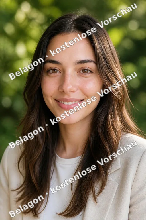 kostenloses KI-Bewerbungsfoto: Frau, Draußen bei Tageslicht, mit dem Wasserzeichen „kostenlose Vorschau“