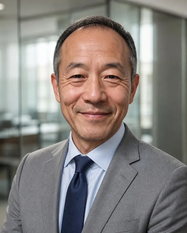 Man in a light grey suit and navy tie in a glass-walled law office