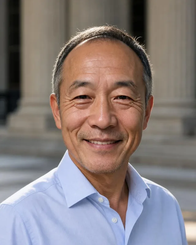 AI lawyer headshot: man in a light blue open-collar shirt by the stone columns of a classical building